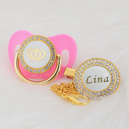 Personalized Crown Pacifier and Clip Set by MIYOCAR with Custom Name Detail, Rhinestone Decoration and Multiple Color Options for Keepsake Gifts