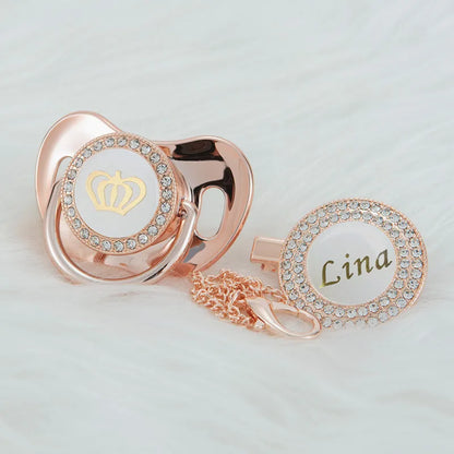 Personalized Crown Pacifier and Clip Set by MIYOCAR with Custom Name Detail, Rhinestone Decoration and Multiple Color Options for Keepsake Gifts