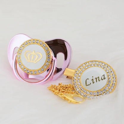 Personalized Crown Pacifier and Clip Set by MIYOCAR with Custom Name Detail, Rhinestone Decoration and Multiple Color Options for Keepsake Gifts