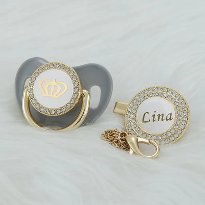 Personalized Crown Pacifier and Clip Set by MIYOCAR with Custom Name Detail, Rhinestone Decoration and Multiple Color Options for Keepsake Gifts