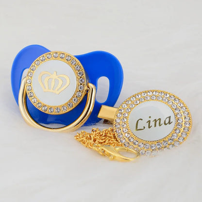 Personalized Crown Pacifier and Clip Set by MIYOCAR with Custom Name Detail, Rhinestone Decoration and Multiple Color Options for Keepsake Gifts