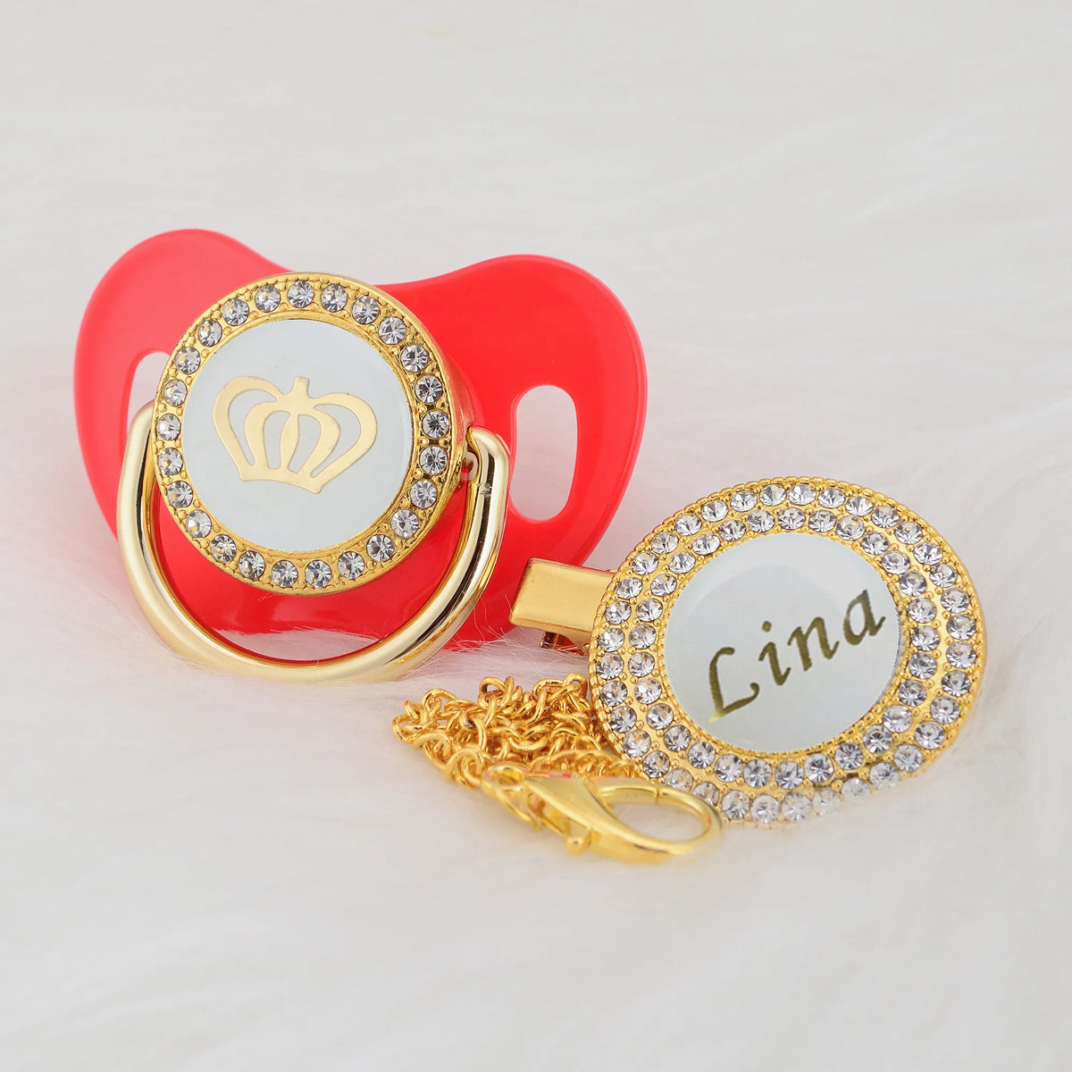 Personalized Crown Pacifier and Clip Set by MIYOCAR with Custom Name Detail, Rhinestone Decoration and Multiple Color Options for Keepsake Gifts
