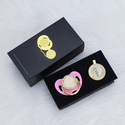 Personalized Crown Pacifier and Clip Set by MIYOCAR with Custom Name Detail, Rhinestone Decoration and Multiple Color Options for Keepsake Gifts