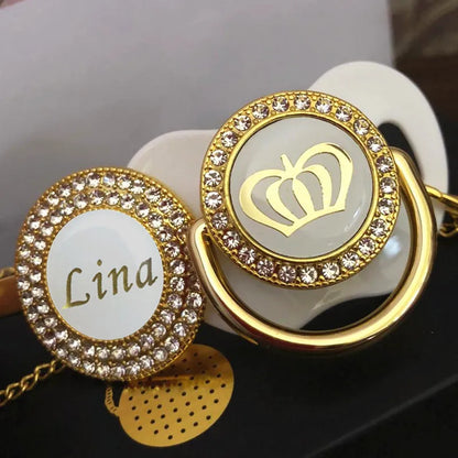 Personalized Crown Pacifier and Clip Set by MIYOCAR with Custom Name Detail, Rhinestone Decoration and Multiple Color Options for Keepsake Gifts