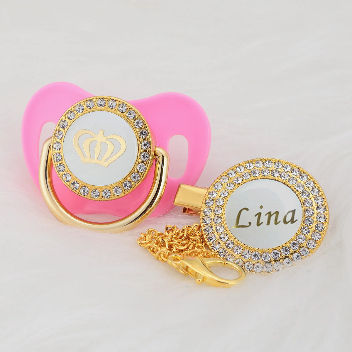Personalized Crown Pacifier and Clip Set by MIYOCAR with Custom Name Detail, Rhinestone Decoration and Multiple Color Options for Keepsake Gifts