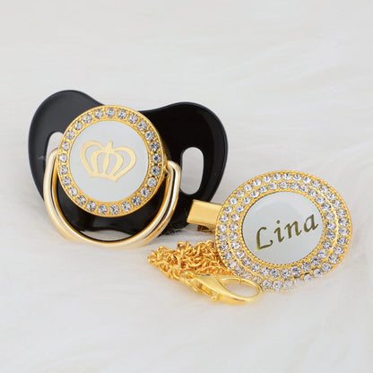 Personalized Crown Pacifier and Clip Set by MIYOCAR with Custom Name Detail, Rhinestone Decoration and Multiple Color Options for Keepsake Gifts