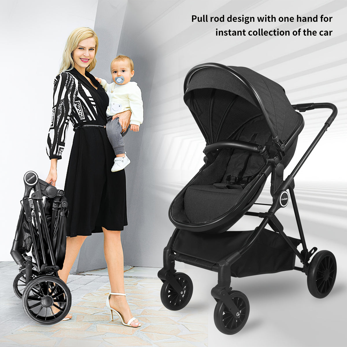 Reversible Baby Stroller with Parent-Facing and World-Facing Modes, Bassinet Configuration, Canopy and Storage Basket for Family Outings