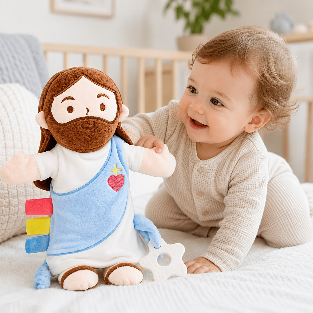 Baby Lovey with Teether, Jesus-Themed Soft Minky Velour Security Blanket with Crinkle Tags & Bell – Soothing Comfort Toy for Baby Shower, Baptism & Birthday Gifts, Girl & Boy Friendly