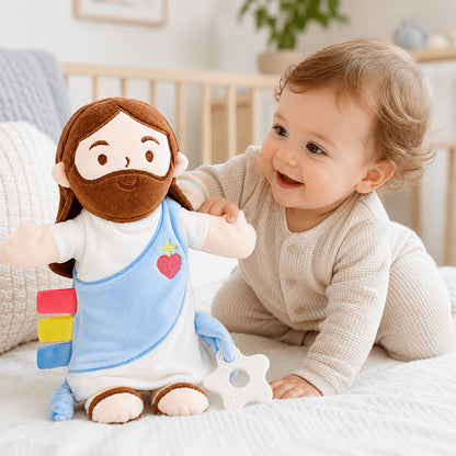 Baby Lovey with Teether, Jesus-Themed Soft Minky Velour Security Blanket with Crinkle Tags & Bell – Soothing Comfort Toy for Baby Shower, Baptism & Birthday Gifts, Girl & Boy Friendly