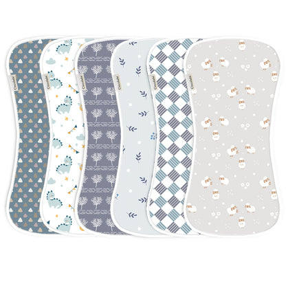 Newborn Burp Cloths 6-Pack, Soft Breathable Contoured Spit-Up Cloth Set with Cartoon Prints for Baby Boys and Girls and Everyday Feeding