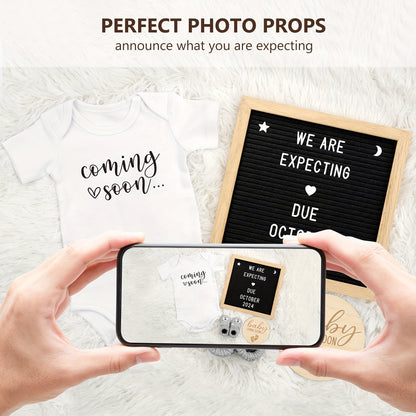 Pregnancy Announcement Kit for Family Reveals, 4-Piece Coming Soon Gift Set with Felt Letter Board, Baby Onesie, Booties and Wooden Sign for Grandparents or Dad
