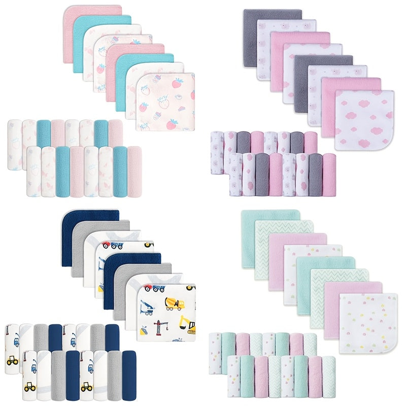 Soft Baby Washcloths 24-Pack, 9 x 9 Inch Absorbent Face and Body Bath Cloths with Whale, Elephant and Dinosaur Style Options for Everyday Care
