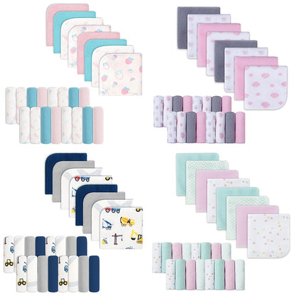 Soft Baby Washcloths 24-Pack, 9 x 9 Inch Absorbent Face and Body Bath Cloths with Whale, Elephant and Dinosaur Style Options for Everyday Care