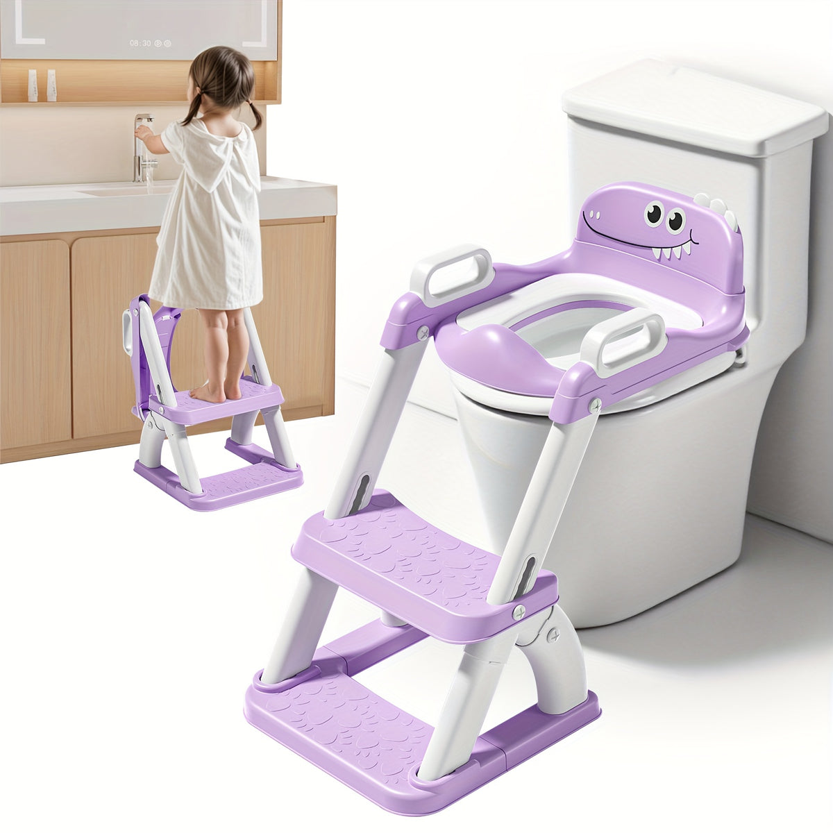 Dinosaur Potty Training Seat with Step Stool, 2-in-1 Toddler Toilet Seat with Detachable Triangular Base, Splash Guard and Non-Slip Mat, Color Options