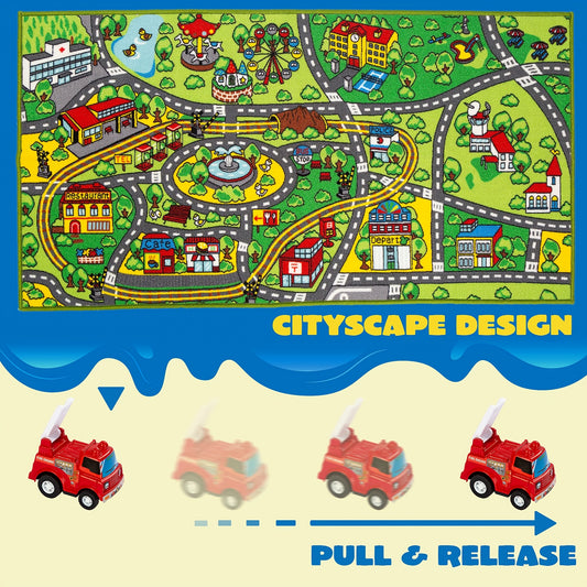 Pull-Back Car City Play Rug Set, 12 Friction-Powered Vehicles with a 58.5 × 31.5-Inch Road Map Carpet for Pretend Play, Ages 3+