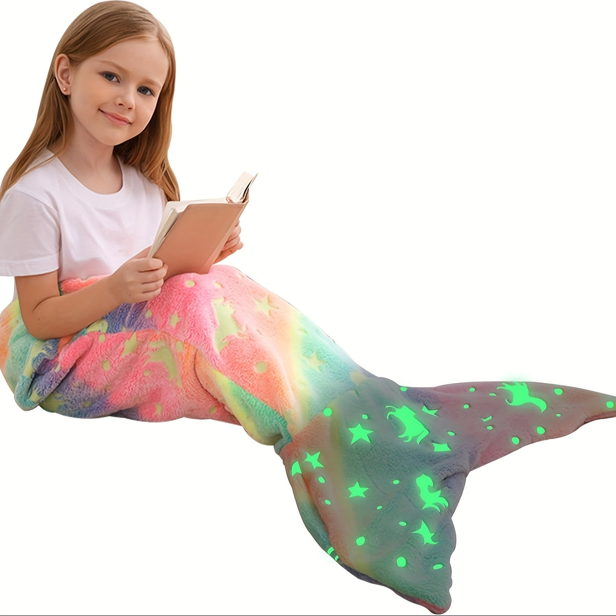Mermaid Tail Blanket for Girls, Soft Polyester Knit Fish Tail Throw with Colorful Tie-Dye Unicorn-Inspired Design for Cozy Reading and Gift Giving
