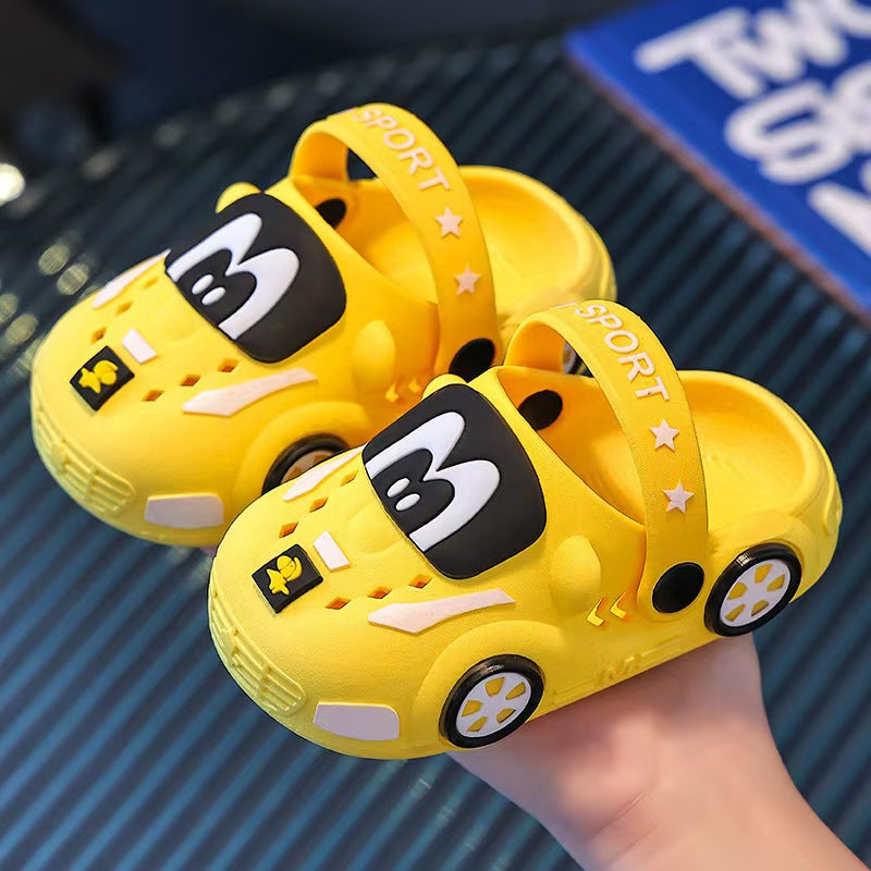 Kids Cartoon Car Clogs with Strap and Ventilation Holes, Soft-Sole Vehicle-Shaped Casual Shoes in White, Yellow, Orange or Blue for Toddler and Little Kid Boys