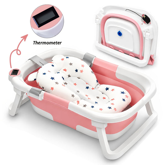 Baby Bathtub with Thermometer and Soft Cushion, Collapsible Infant-to-Toddler Bath Tub for 0 to 36 Months with Easy-Grip Handles in Five Colors