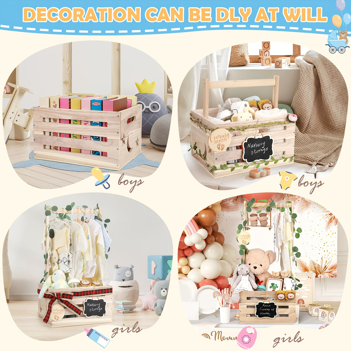 Wooden Baby Shower Gift Crate with Handle, Large 4-in-1 Assembly Basket for Pregnancy and New Parent Gift Displays and Keepsake Storage