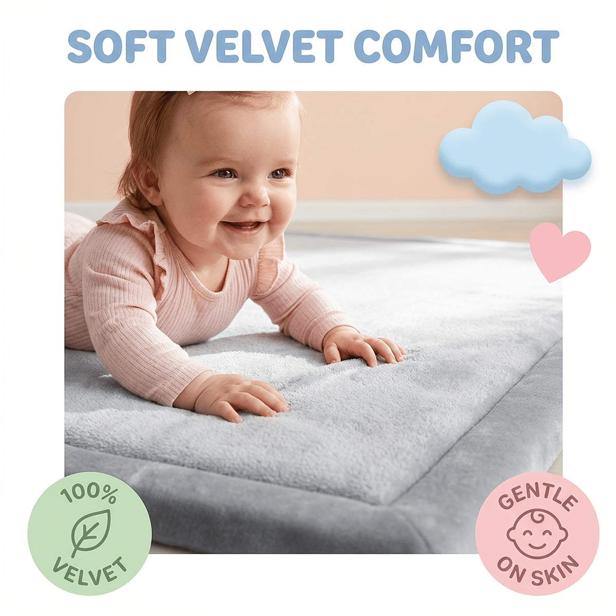 Cushioned Velvet Tummy-Time Play Mat, 1.3-Inch Non-Slip Waterproof Crawling Pad for Infants and Toddlers, Four Playpen Size Options