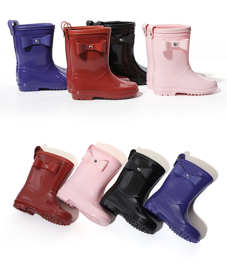 Girls Bow Rain Boots with Pull Tabs, Lightweight One-Piece Molded Toddler and Little Kid Boots in Pink, Burgundy, Dark Violet or Black for Rainy-Day Outings