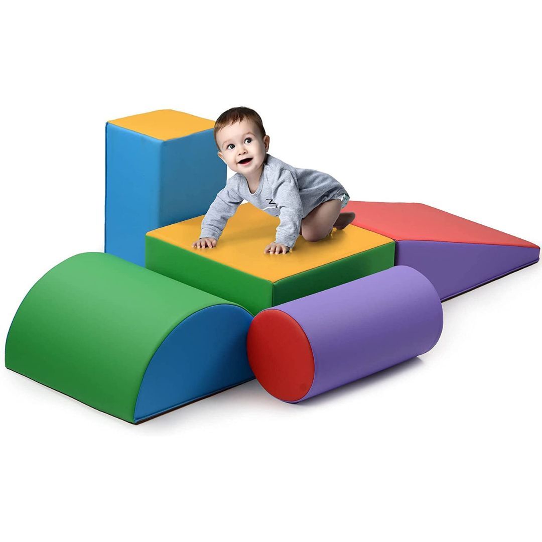 Toddler Foam Climbing Blocks, 5-Piece Play22USA Soft Climb-and-Crawl Set with Non-Slip Bottoms and Wipe-Clean Shapes for Active Play
