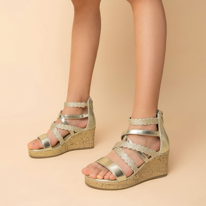 Girls Wedge Dress Sandals with Flower Detail and Shimmering Straps, Open Toe Zip-Back Party and Wedding Shoes for Little Kids and Big Kids