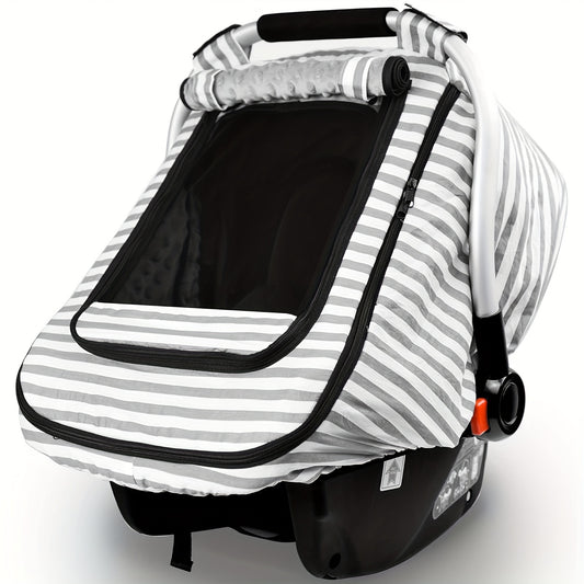 Infant Car Seat Canopy with Fleece Lining and Mesh Peek Window, Grey Striped Baby Carrier Cover for Outdoor Trips, Wind-Resistant Kick-Resistant Design