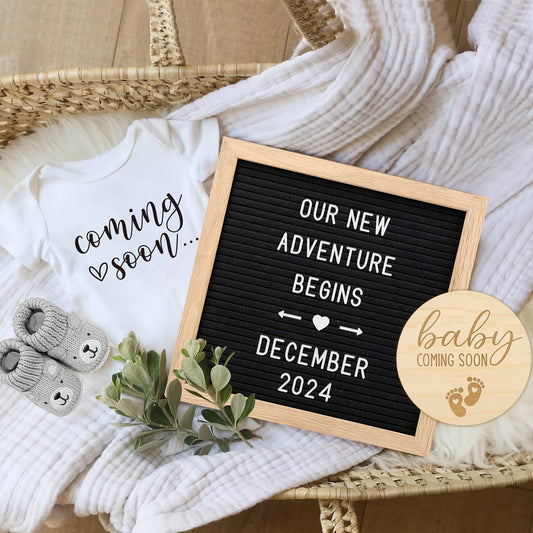 Pregnancy Announcement Kit for Family Reveals, 4-Piece Coming Soon Gift Set with Felt Letter Board, Baby Onesie, Booties and Wooden Sign for Grandparents or Dad