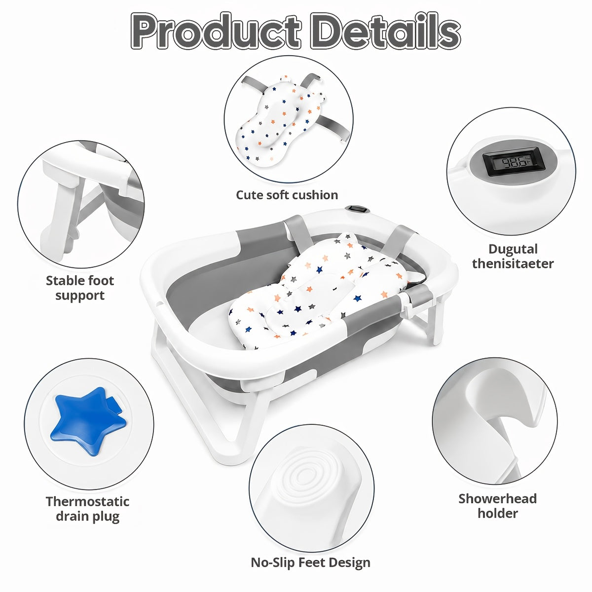 Space-Saving Baby Bath Tub with Soft Cushion and Thermometer, Foldable Portable Bathtub for Supervised Bath Time at Home and Travel