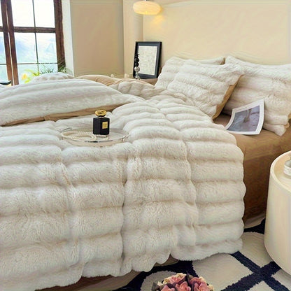 Striped Faux Rabbit Fur Throw Blanket with Flannel Back, Double-Sided Sofa and Bed Cover in Throw, Twin XL, Queen or King Sizes and Multiple Colors