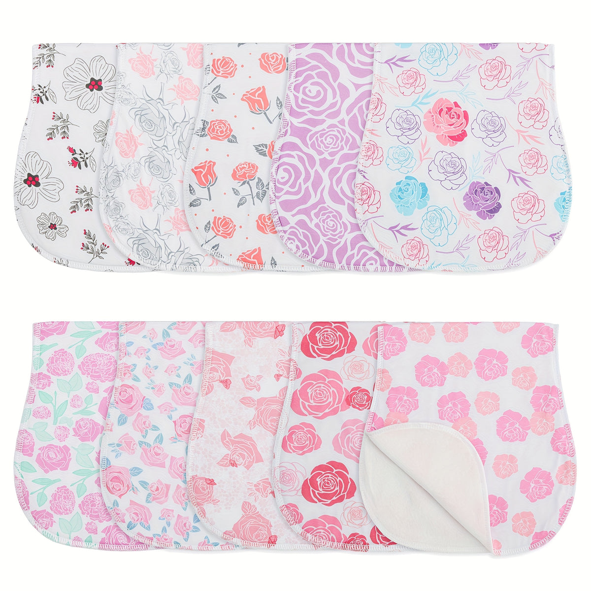 Printed Newborn Burp Cloths, 10-Piece Machine Washable Baby Washcloth and Burp Rag Set with Floral, Butterfly and Fox Style Options for Feeding