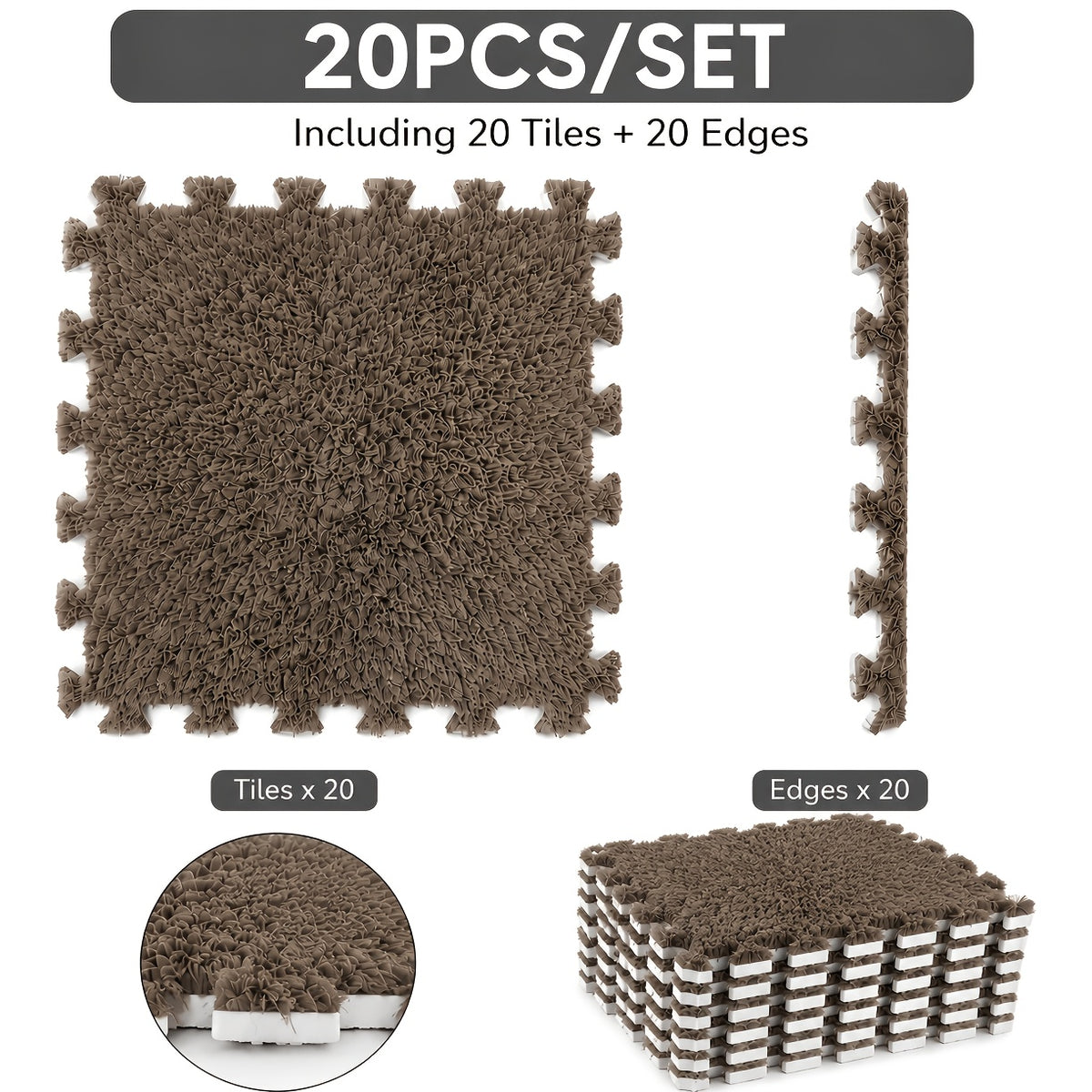 Interlocking Foam Puzzle Floor Mat Set, 20 Soft Plush Baby Tiles with 20 Edge Trims for Crawling, Nursery Play Areas, Bedrooms and Living Rooms