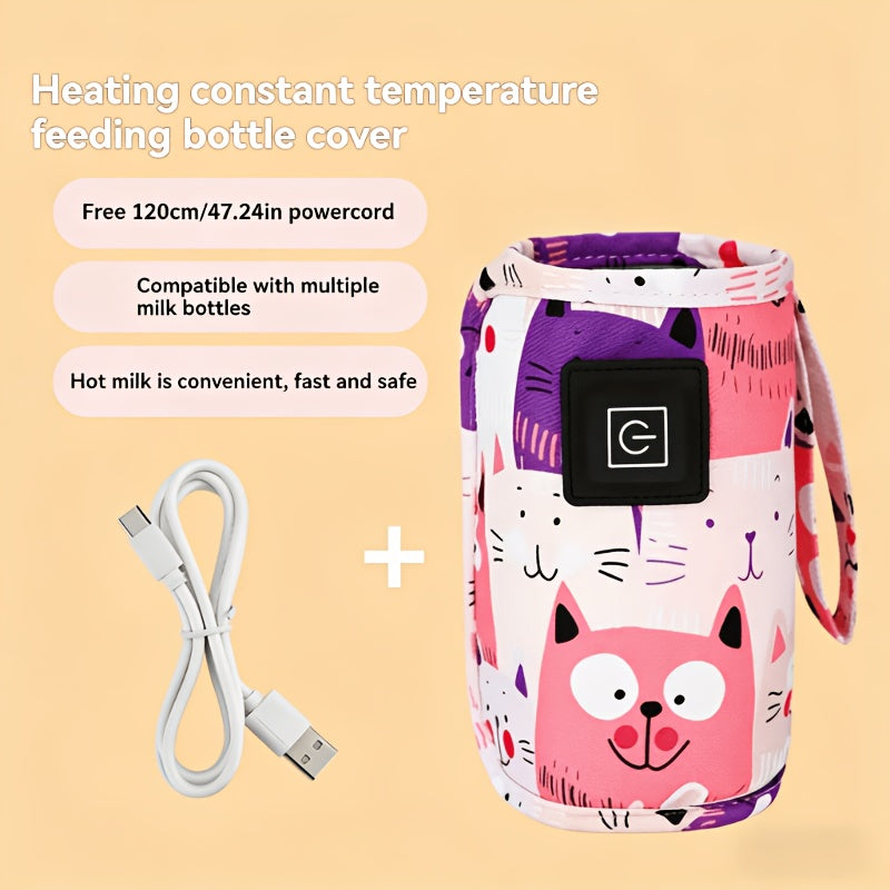 Travel Bottle Warming Cover with 3 Temperature Settings, USB-Powered Portable Baby Milk Warmer Sleeve with Colorful Cat Prints