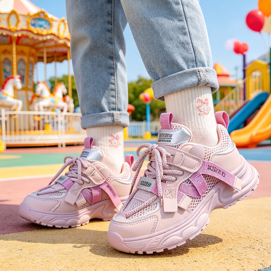 Beige Toddler Running Sneakers for Girls, Lightweight Breathable Mesh Shoes with Non-Slip Design and Chunky Dad-Shoe Style, Casual Kids Footwear in Toddler to Big Kid Sizes