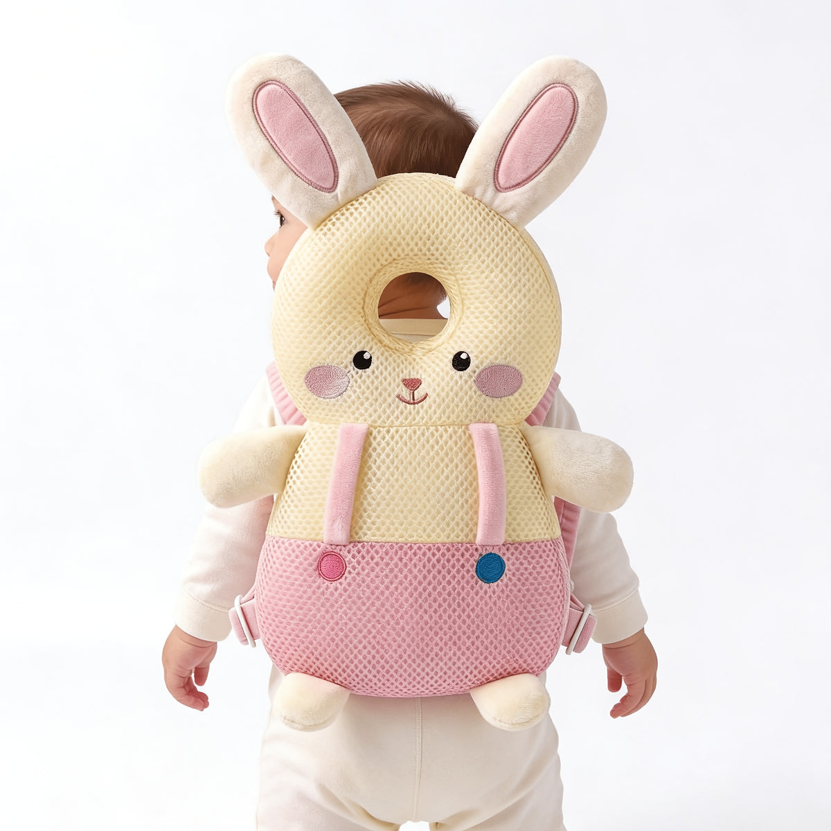 Plush Baby Head Cushion Backpack with Astronaut, Pink Rabbit or Brown Bear Design, Adjustable Straps for Supervised Crawling and First Steps