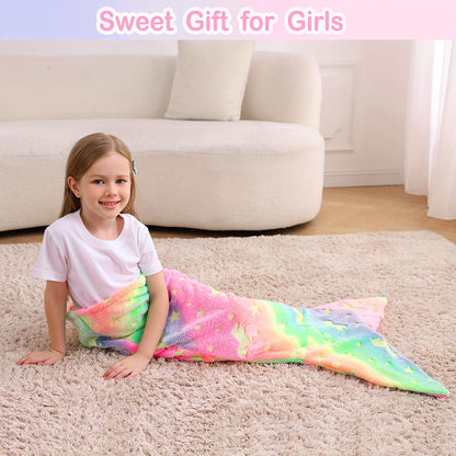 Mermaid Tail Blanket for Girls, Soft Polyester Knit Fish Tail Throw with Colorful Tie-Dye Unicorn-Inspired Design for Cozy Reading and Gift Giving