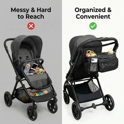 Stroller Console Bag with Dual Cup Holders, Black Hanging Organizer with Detachable Wristlet Phone Pouch and Adjustable Shoulder Strap