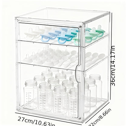 Clear Baby Bottle Storage Organizer with Covered Access and Divided Shelves, Small or Large Feeding Supply Storage Box for Countertop Organization
