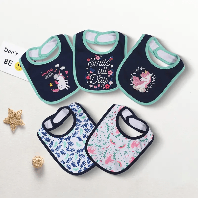 Double-Layer Cotton Baby Bibs 5-Pack with Cartoon Designs, Absorbent Adjustable Feeding Bib Set for Boys and Girls Ages 0–3 Years