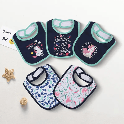 Double-Layer Cotton Baby Bibs 5-Pack with Cartoon Designs, Absorbent Adjustable Feeding Bib Set for Boys and Girls Ages 0–3 Years