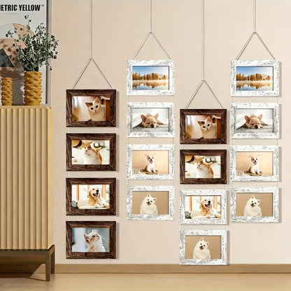 Wooden Baby Photo Frame Set, Two 4-Panel 4x6 Collage Frames with Glass Covers for Nursery Wall or Tabletop Display, First-Year Memories and Gift Giving