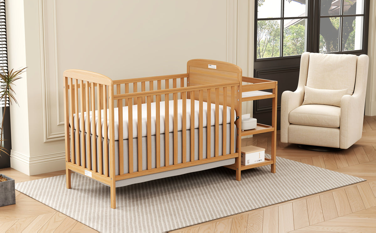 Baby Crib with Changing Table, Goldzone 4-in-1 Convertible Wooden Nursery Crib with Four Mattress Heights, Two Storage Shelves and Toddler Bed Conversion, White
