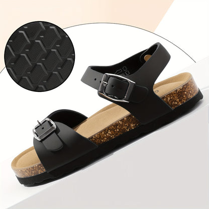 Kids Cork-Style Beach Sandals with Buckle, Lightweight Slip-On Summer Shoes in White, Black or Silvery Grey for Little Kids and Big Kids