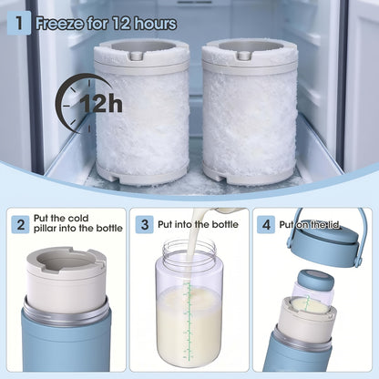 Breast Milk Cooler with 2 Storage Bottles, Portable 360° Surround Cooling Chiller with Carry Handle for Pumping Moms, Work and Travel