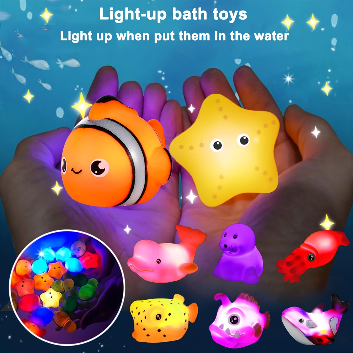 Light-Up Bath Toys 6-Pack with Sea Animal Shapes, Colorful Bathtub Water Play Set in Random Colors for Supervised Kids Bath-Time Activities