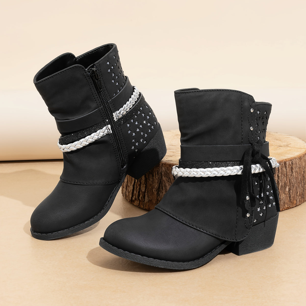 Plaid Side-Zip Ankle Boots for Girls - Stylish Low Heel Boots with Warm Lining, Non-Slip Outsole, Easy On and Off for Little Kid & Big Kid, Perfect for Fall and Winter