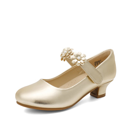 Flower Strap Mary Jane Shoes for Girls with Round Toe and Low Heel, Dressy Party and Wedding Footwear in Black, Golden, Ivory White or White for Little and Big Kids