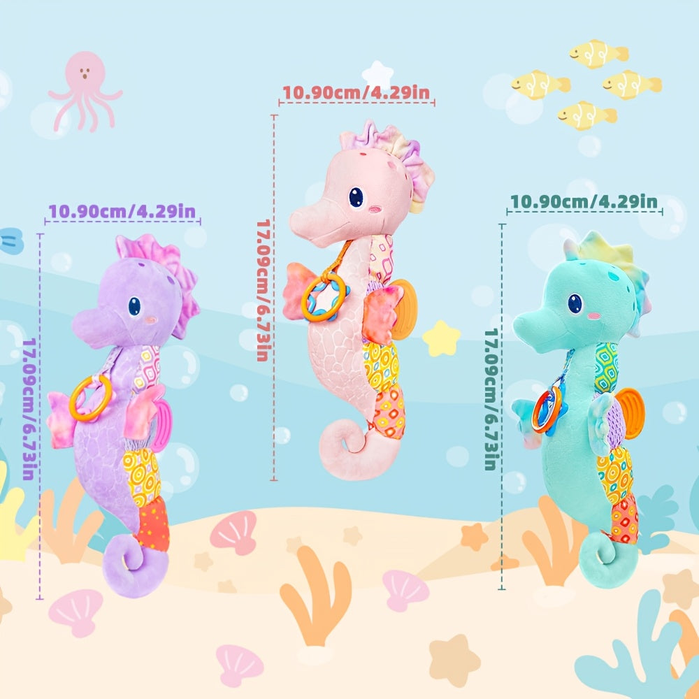 Infant Sensory Plush Toy for 0-6 Months, Soft Stuffed Animal with Crinkle Sounds, Rattle and Multiple Textures, Colorful Baby Gift for Tummy Time Play