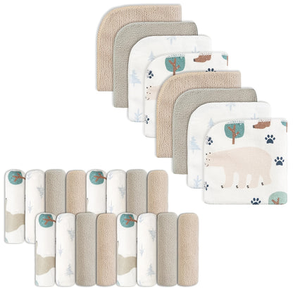 Soft Baby Washcloths 24-Pack, 9 x 9 Inch Absorbent Face and Body Bath Cloths with Whale, Elephant and Dinosaur Style Options for Everyday Care